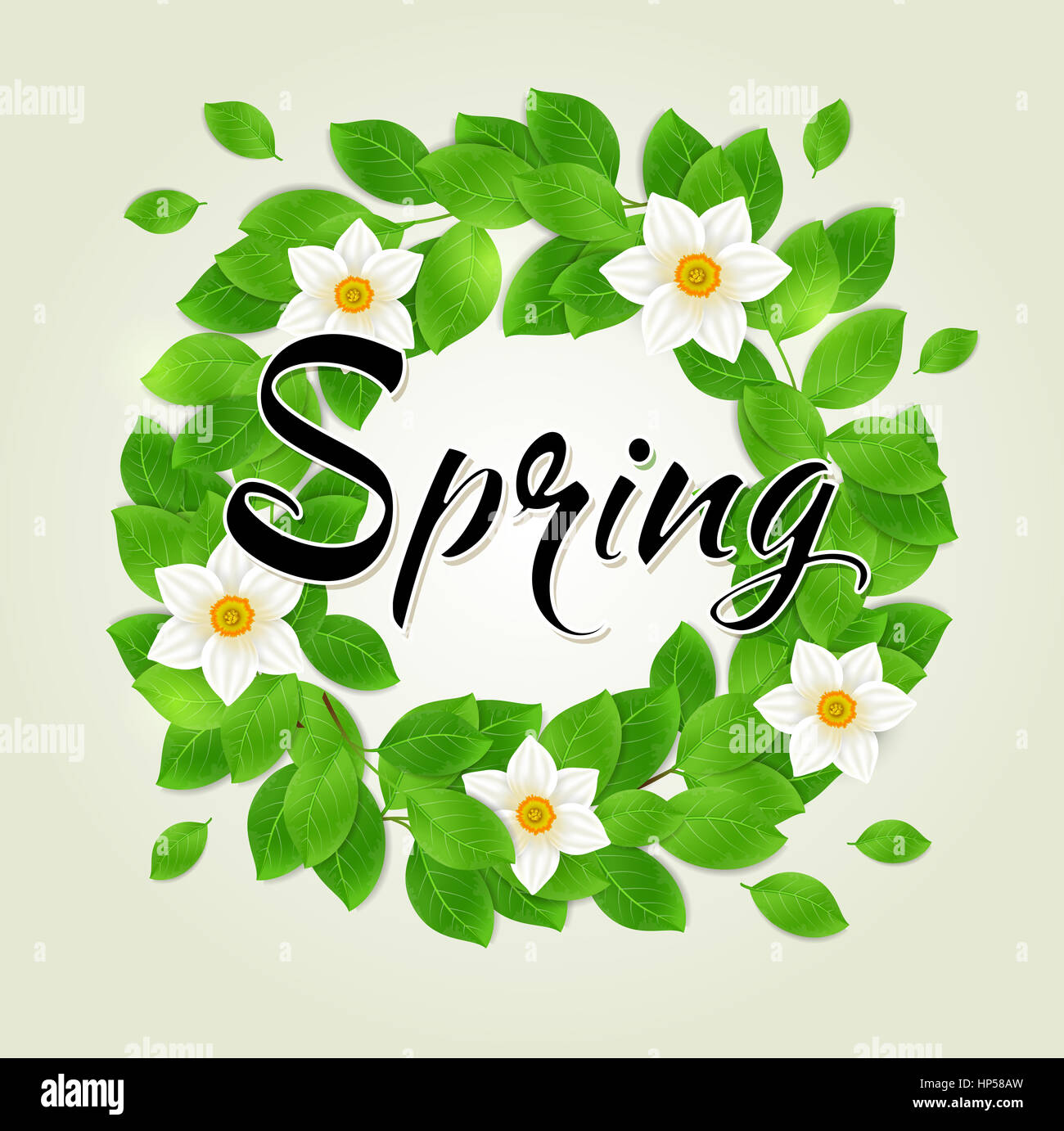 Round floral frame with green leaves and white spring flowers Stock ...