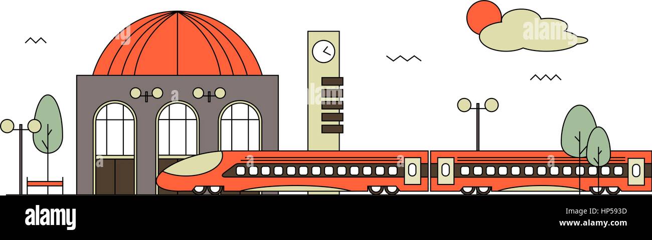 Suburban train station flat design illustration. Railway design concept Stock Vector