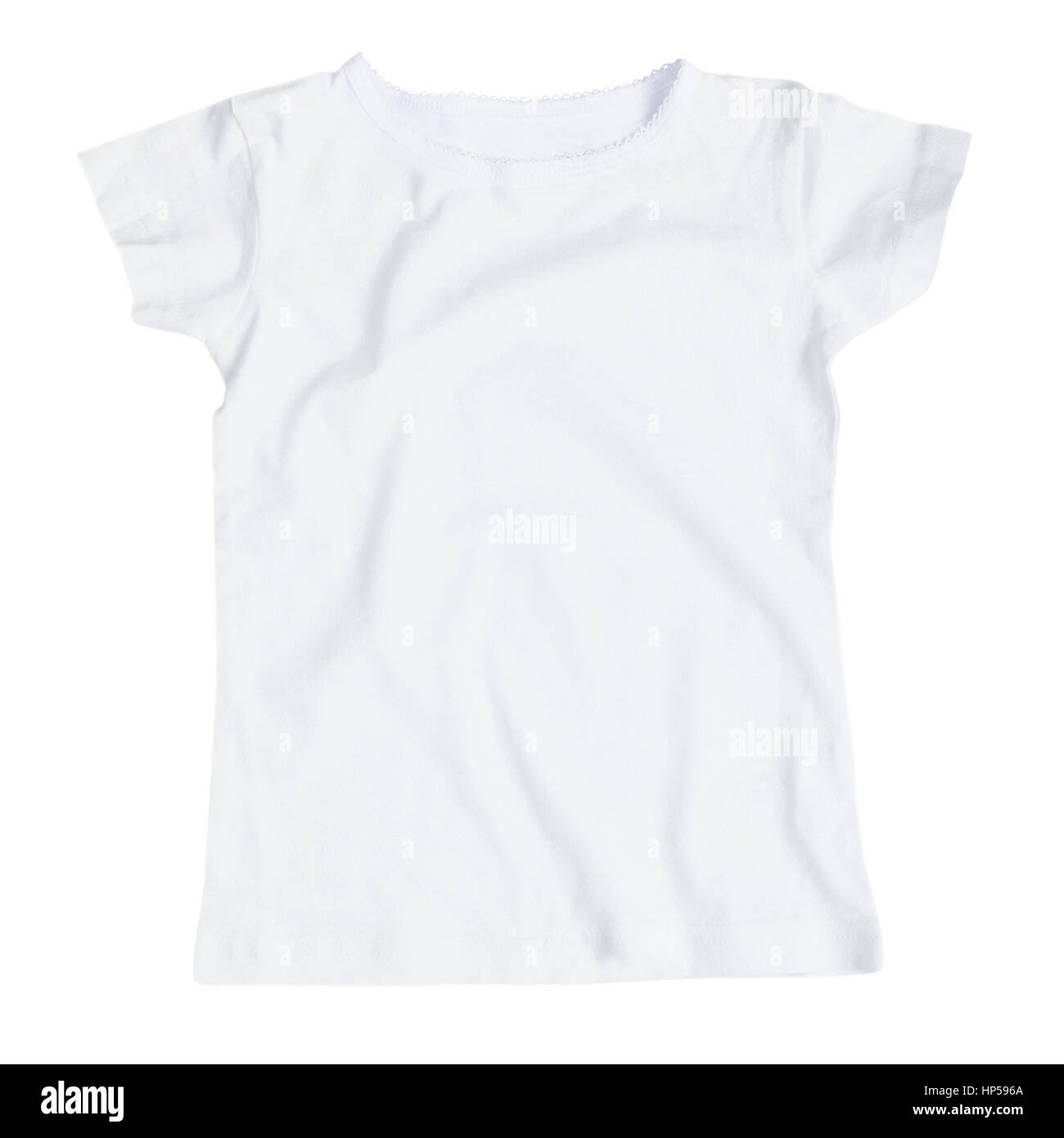 White female t-shirt isolated on white background. Flat lay Stock Photo