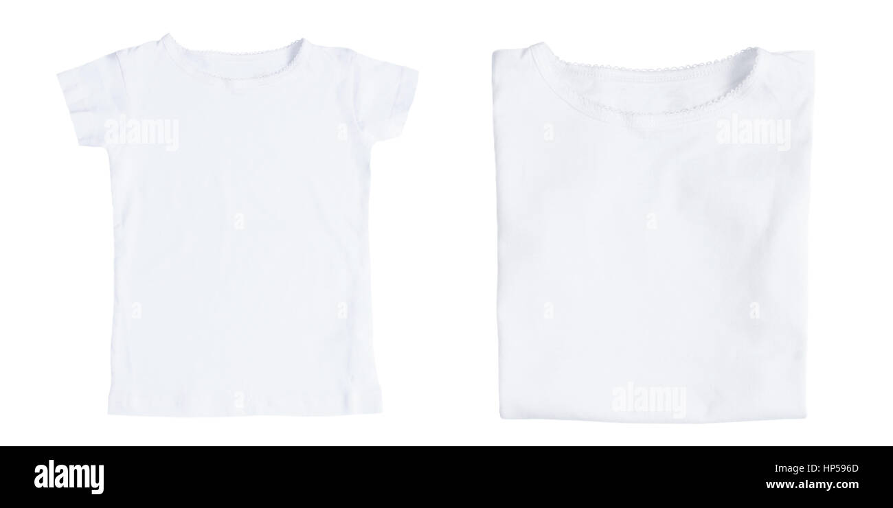 White female folded and front t-shirts isolated on white background. Flat lay Stock Photo