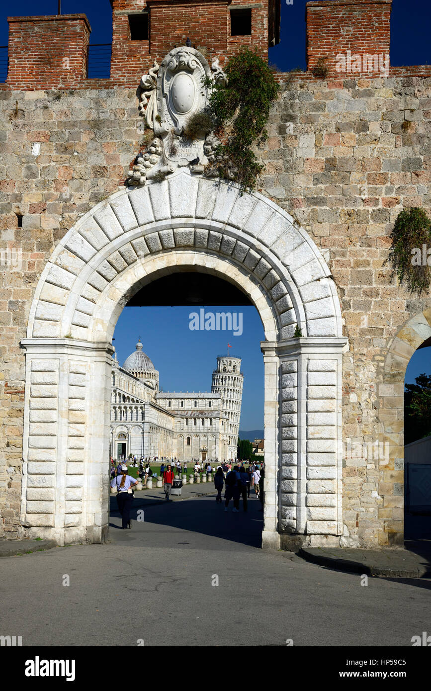 walled plaza, area, piazza, The Baptistery, Duomo, Leaning Tower, Piazza dei Miracoli, Pisa, Italy, RM World, Stock Photo