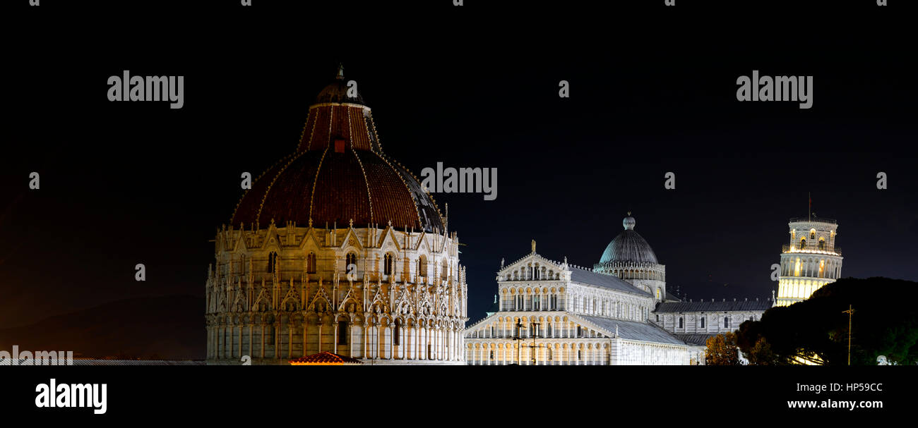 nighttime view, The Baptistery, Duomo, medieval cathedral, Archdiocese of Pisa, Santa Maria Assunta, St Mary of the Assumption.cathedral, aisles, nave Stock Photo