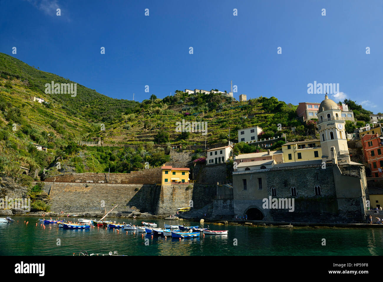 Vernazza, Cinque Terre, Coast, Coastline, Village, Villages, cliff, cliffs, clifftop, colourful, colorful, houses, shops, buildings, premises, tourist Stock Photo