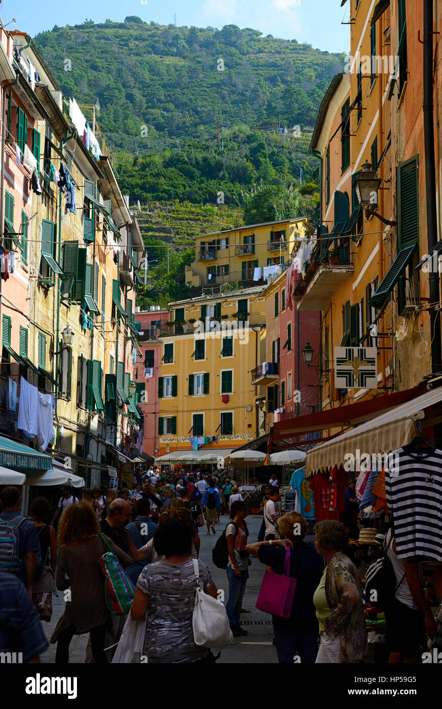 Vernazza, Cinque Terre, Coast, Coastline, Village, Villages, cliff, cliffs, clifftop, colourful, colorful, houses, shops, buildings, premises, tourist Stock Photo