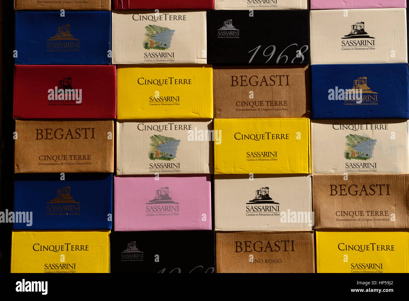 wine, wines, box, boxes, local varietal, varietals, locally produced sassarini, begasti, vino rosso, vino blanco, monterosso al mare, Cinque Terre, Co Stock Photo