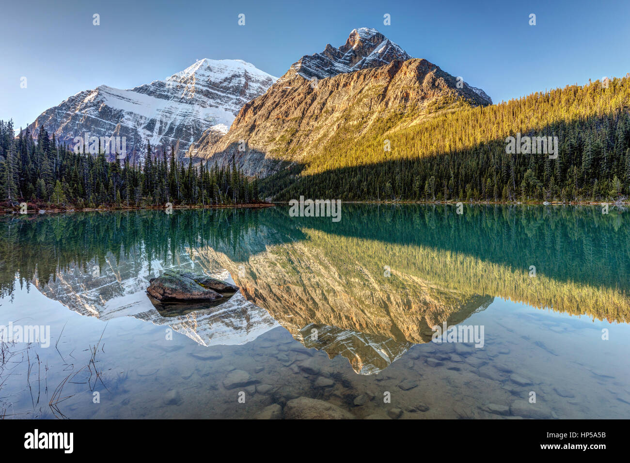 Reflection of Mount Edith Cavell in Cavell Lake at sunrise, Jasper National Park, Alberta, Canada Stock Photo