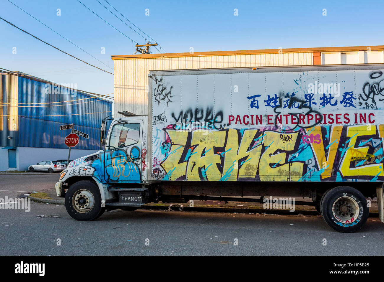 Graffiti on truck. East Vancouver, British Columbia, Canada Stock Photo