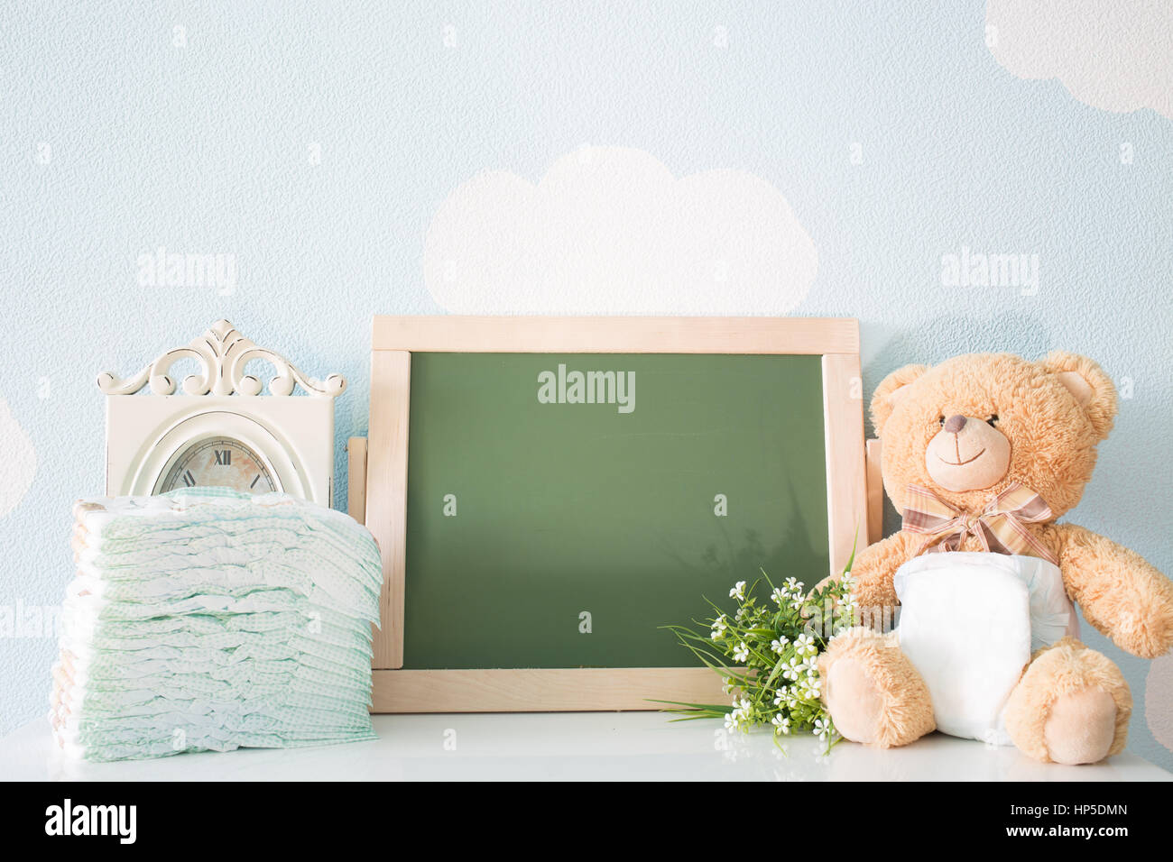 Diapers And Blank Chalkboard Teddy Bear Dressed In Diaper Frame With A Copy Space Stock Photo Alamy