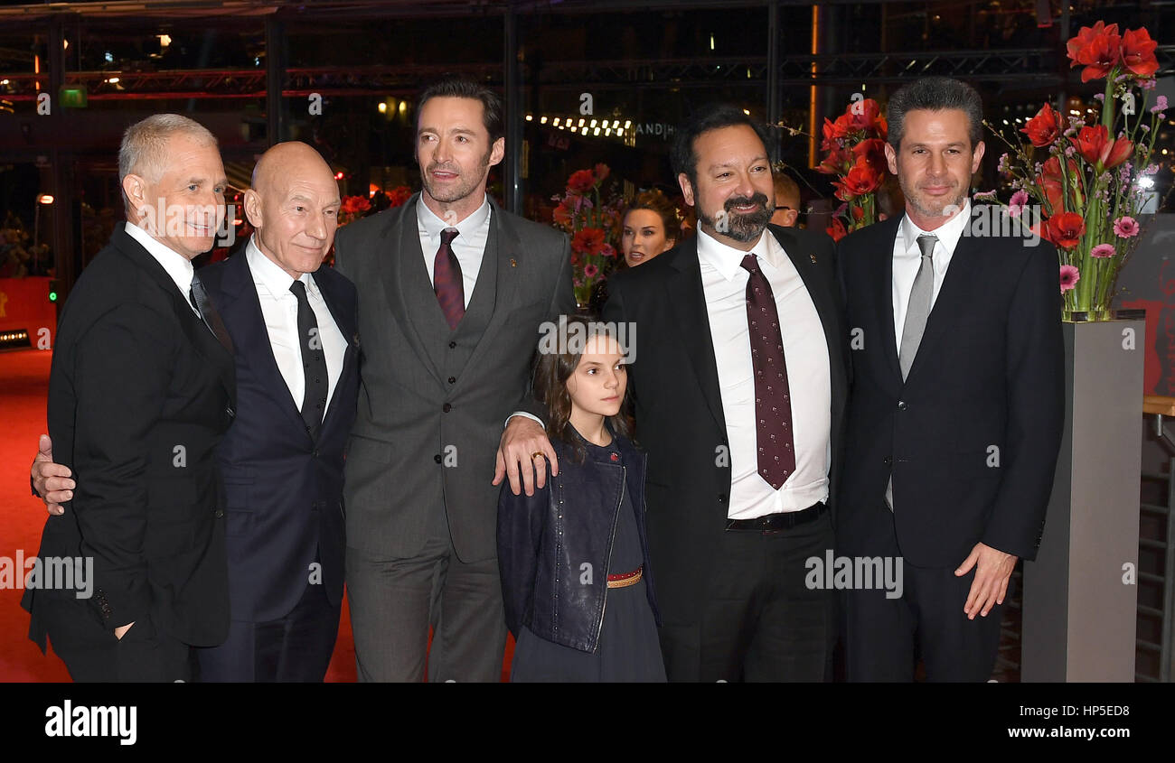 Berlin, Germany. 17th Feb, 2017. Producer Hutch Parker (L-R), actor Patrick Stewart, Hugh Jackman, Dafne Keen, director James Mangold and producer Simon Kinberg attend the premiere of 'Logan' at the 67th Berlin International Film Festival in Berlin, Germany, 17 February 2017. The film will be shown without entering the competition. Photo: Britta Pedersen/dpa-Zentralbild/dpa/Alamy Live News Stock Photo
