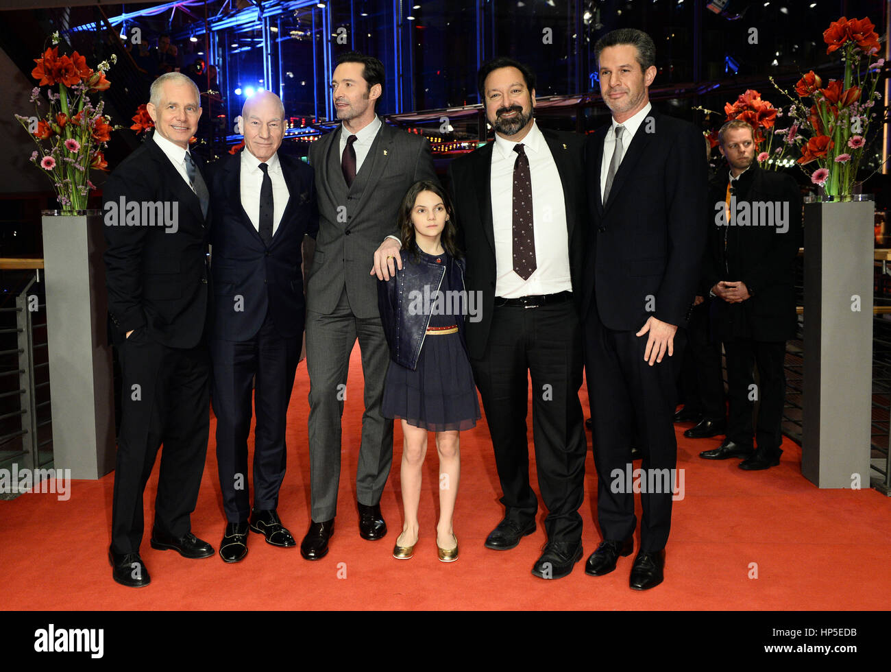 Berlin, Germany. 17th Feb, 2017. Producer Hutch Parker (L-R), actor Patrick Stewart, Hugh Jackman, Dafne Keen, director James Mangold and producer Simon Kinberg attend the premiere of 'Logan' at the 67th Berlin International Film Festival in Berlin, Germany, 17 February 2017. The film will be shown without entering the competition. Photo: Gregor Fischer/dpa/Alamy Live News Stock Photo