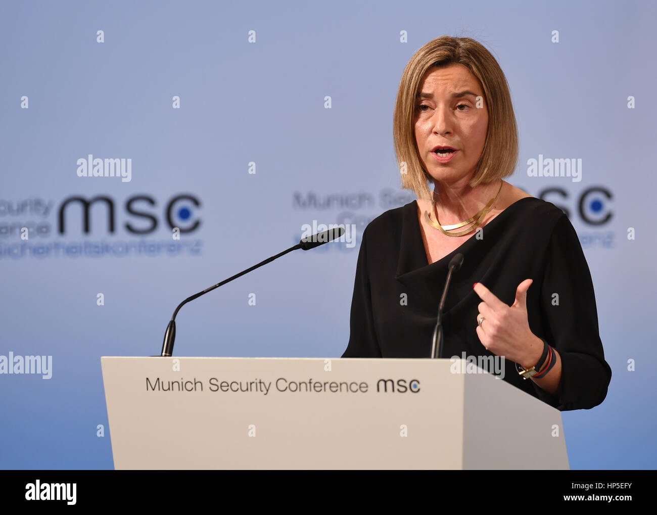 Munich, Germany. 18th Feb, 2017. EU Foreign Policy Representative Federica Mogherini speaks during the security conference in Munich, Germany, 18 February 2017. The Munich Security Conference will take place between the 17th and the 19th pf February 2017. Photo: Tobias Hase/dpa/Alamy Live News Stock Photo