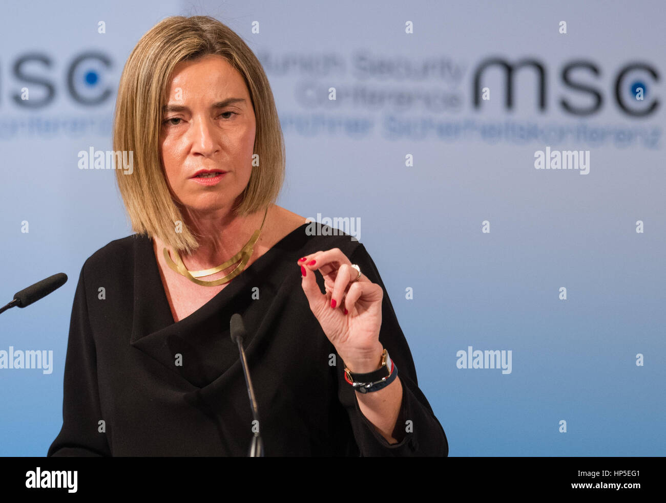 Munich, Germany. 18th Feb, 2017. EU Foreign Policy Representative Federica Mogherini speaks during the security conference in Munich, Germany, 18 February 2017. The Munich Security Conference will take place between the 17th and the 19th pf February 2017. Photo: Matthias Balk/dpa/Alamy Live News Stock Photo