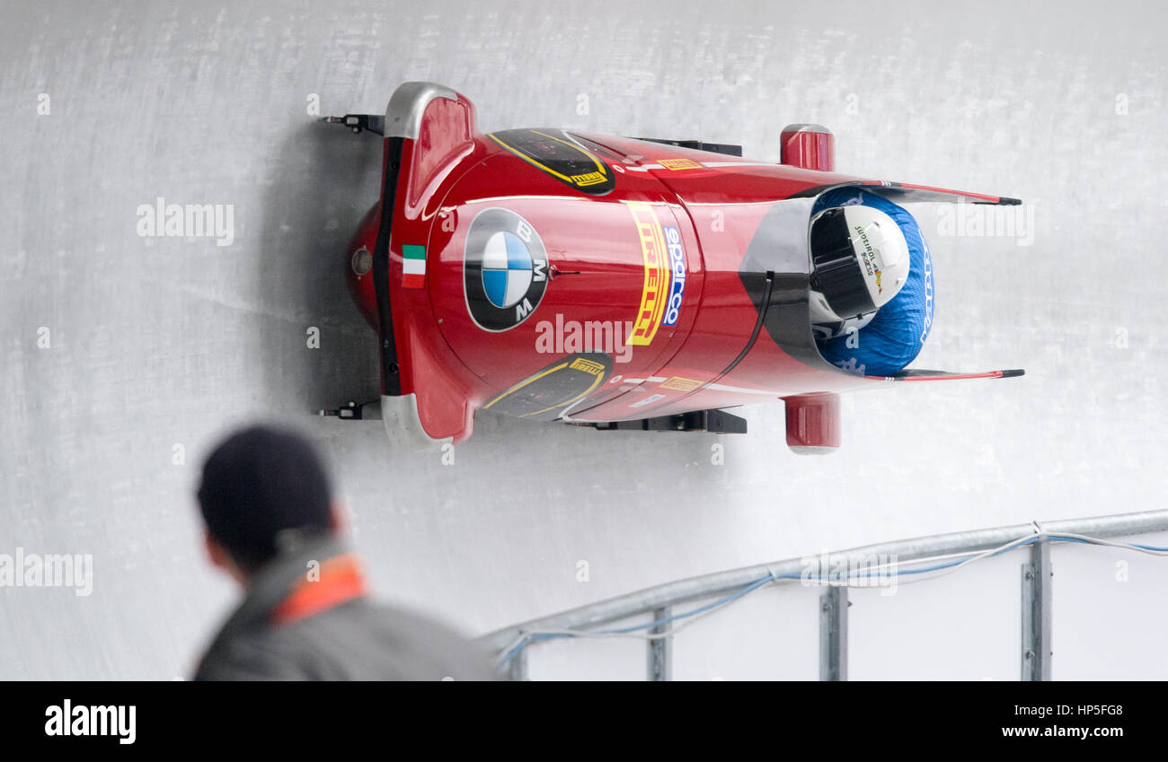 Schoenau Am Koenigssee, Germany. 18th Feb, 2017. The bobsleigh athletesPatrick Baumgartner und Constantino Ughi from Italy during the Bobsleigh and Skeleton World Championships in Schoenau Am Koenigssee, Germany, 18 February 2017. The world championships take place between the 13 and 26 February 2017. Photo: Peter Kneffel/dpa/Alamy Live News Stock Photo