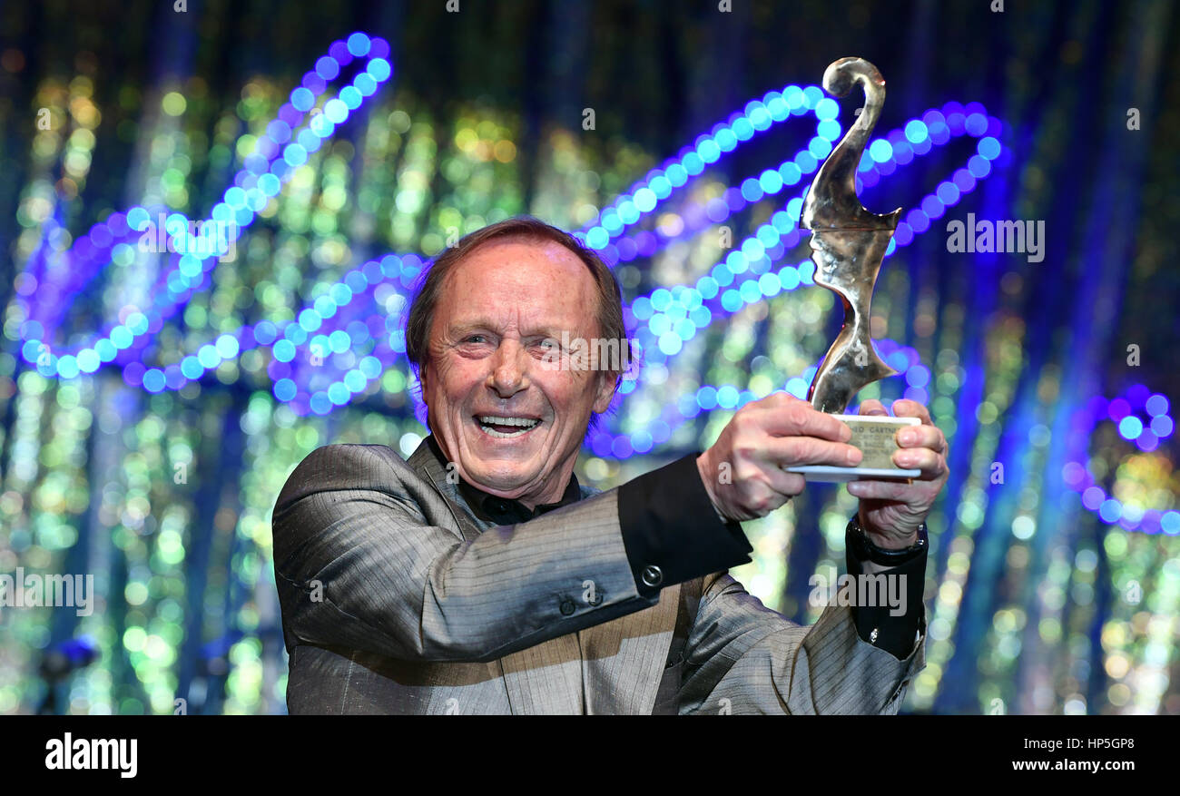Berlin, Germany. 17th Feb, 2017. German actor Claus Theo Gaertner poses with his award at the Italian film ball 'Notte delle Stelle' held during the 67th International Berlin Film Festival, also known as Berlinale, in Berlin, Germany, 17 February 2017. The Premio Bacco awards are presented during the annual film ball. Photo: Jens Kalaene/dpa-Zentralbild/dpa/Alamy Live News Stock Photo