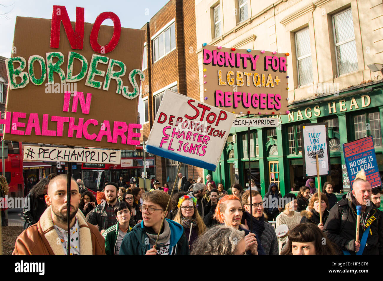 Peckham, London, UK. 18th Feb, 2017. Hundreds marched through Peckham, South London to protest against migrant deportation.David Rowe/Alamy Live News Credit: David Rowe/Alamy Live News Stock Photo