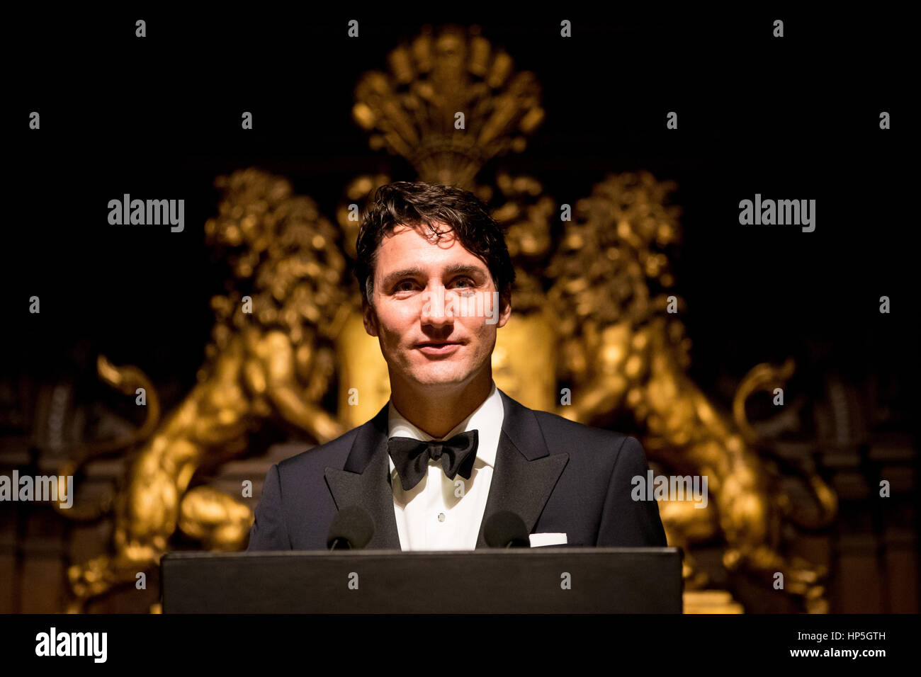 The Canadian Prime Minister Justin Trudeau speaks during the annual 'Matthiae Dinner' in Hamburg, Germany, 17 February 2017. Trudeau and German Foreign Minister Gabriel are guests of honour at the world's oldest banquet. The governors of the city of Hamburg have held the feast since 1356. Photo: Christian Charisius/dpa Stock Photo