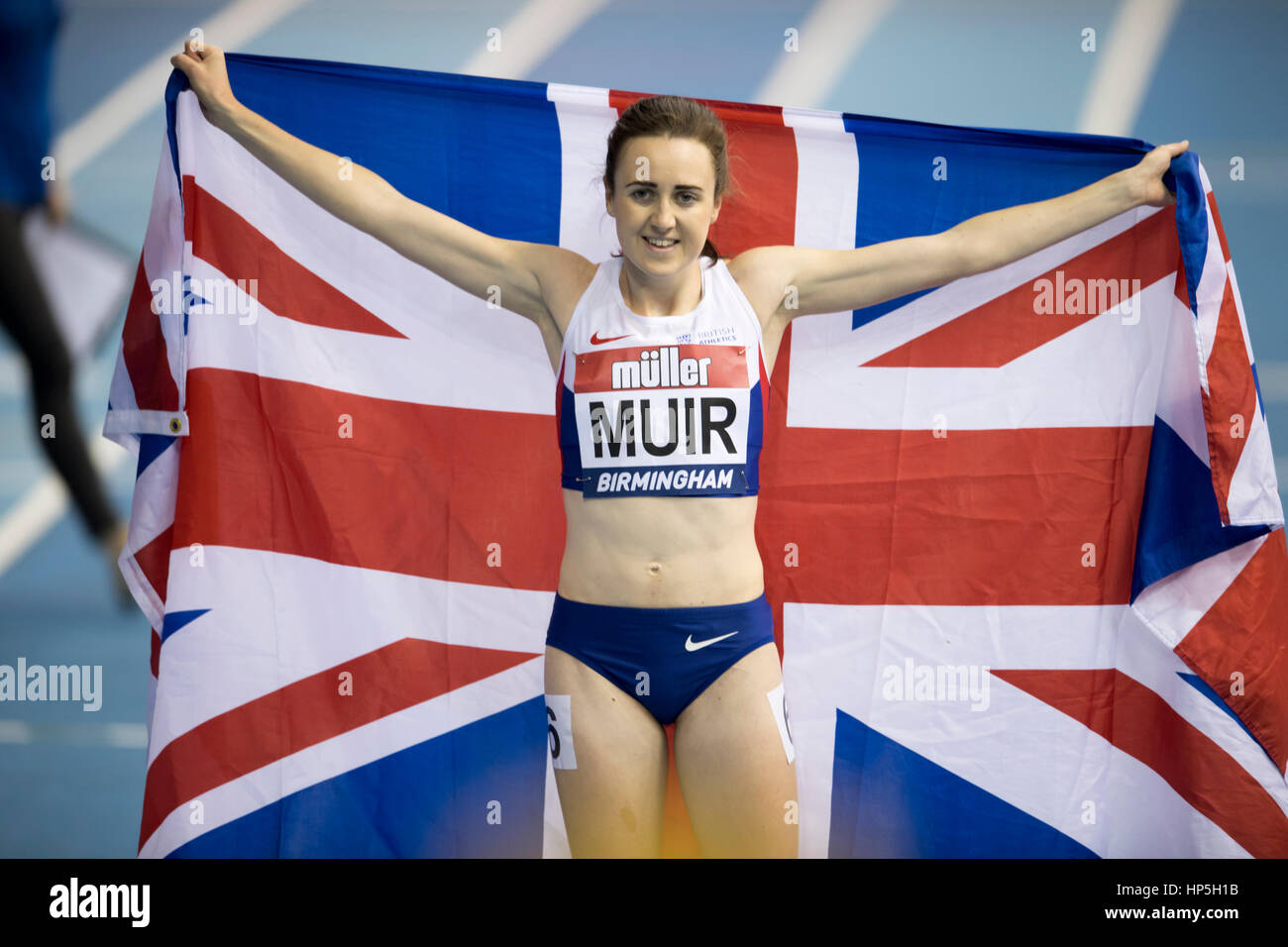Birmingham, UK. 18th Feb, 2017. Laura Muir reacts after setting a new British record in the 1000m at the Muller Indoor Grand Prix Birmingham at the NIA, Birmingham, UK, on 18 February 2017. Credit: Andrew Peat/Alamy Live News Stock Photo