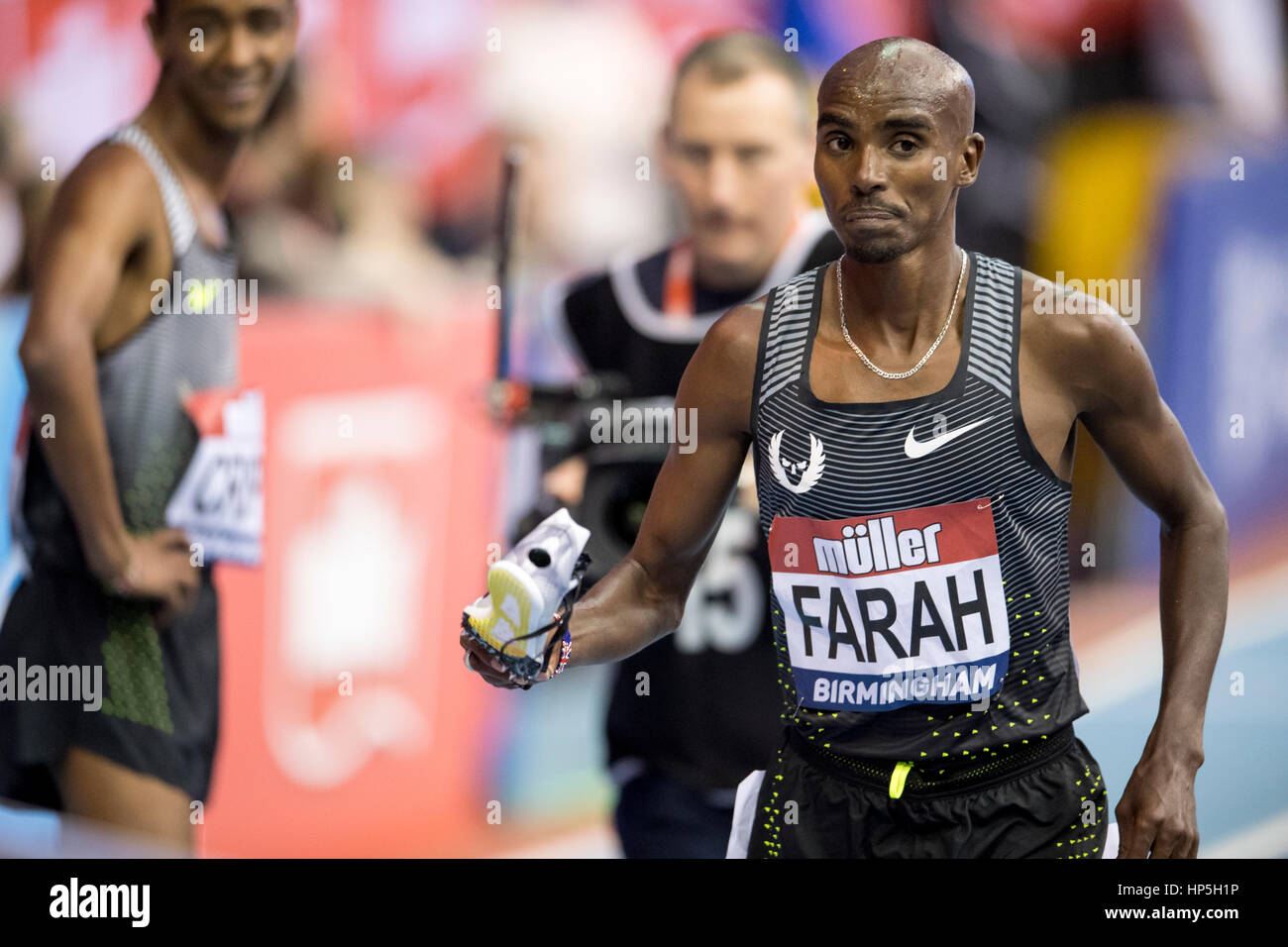 Birmingham, UK. 18th Feb, 2017. Mo Farah reacts after winning the 5000m at the Muller Indoor Grand Prix Birmingham at the NIA, Birmingham, UK, on 18 February 2017. Credit: Andrew Peat/Alamy Live News Stock Photo