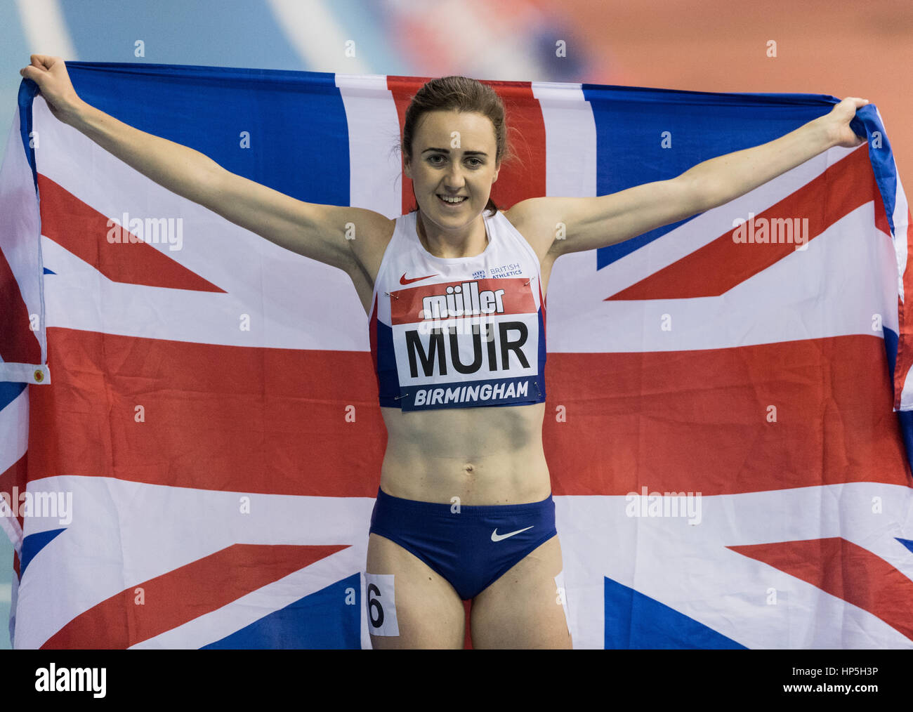 Birmingham, UK. 18th February, 2017. Laura Muir celebrates her victory at Barclaycard Arena, Birmingham, England. The Muller Indoor Grand Prix.18.02.2017 Credit: Andy Gutteridge/Alamy Live News Stock Photo