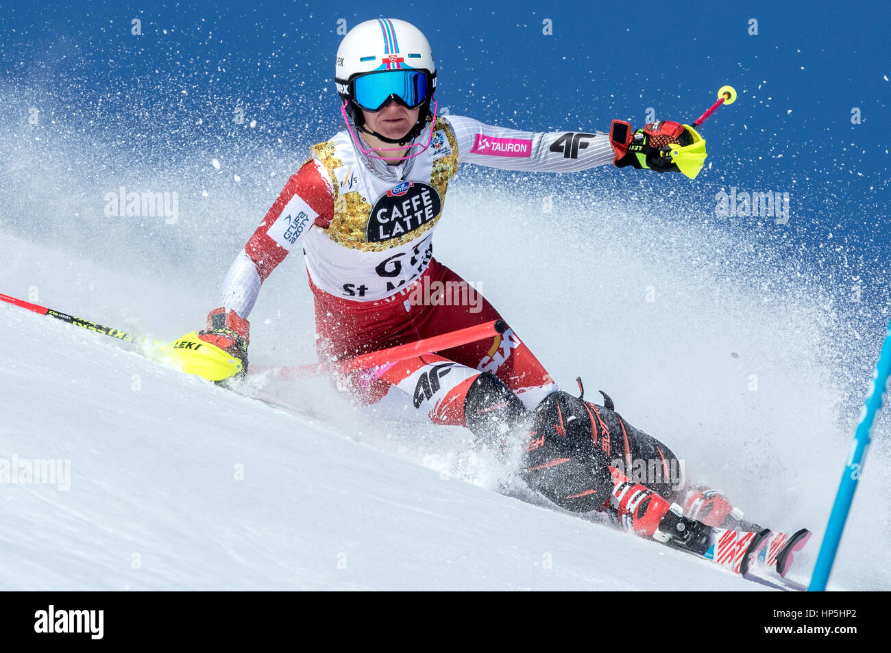 St. Moritz, Switzerland. 18th Feb, 2017. Maryna Gasienica-Daniel from Poland during the women's slalom discipline at the Alpine Ski World Championships in St. Moritz, Switzerland, 18 February 2017. Photo: Michael Kappeler/dpa/Alamy Live News Stock Photo