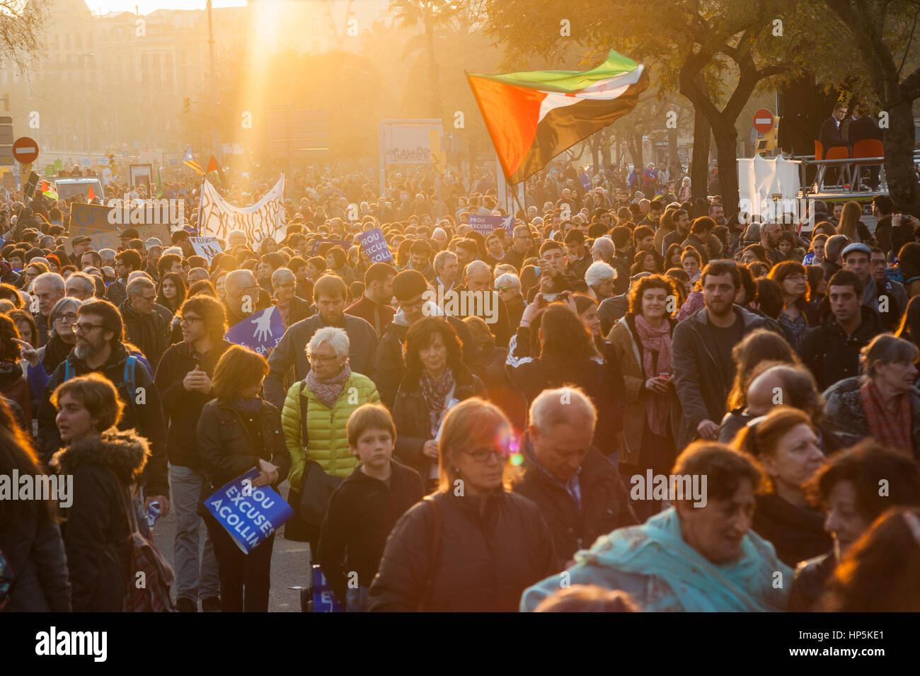Barcelona, Spain. 18th February, 2017. Thousands of people marched in Barcelona to demand Spain's government to increase its efforts to take in refugees who have fled the war in Syria and other violent conflicts. Credit: Charlie Perez/Alamy Live News Stock Photo