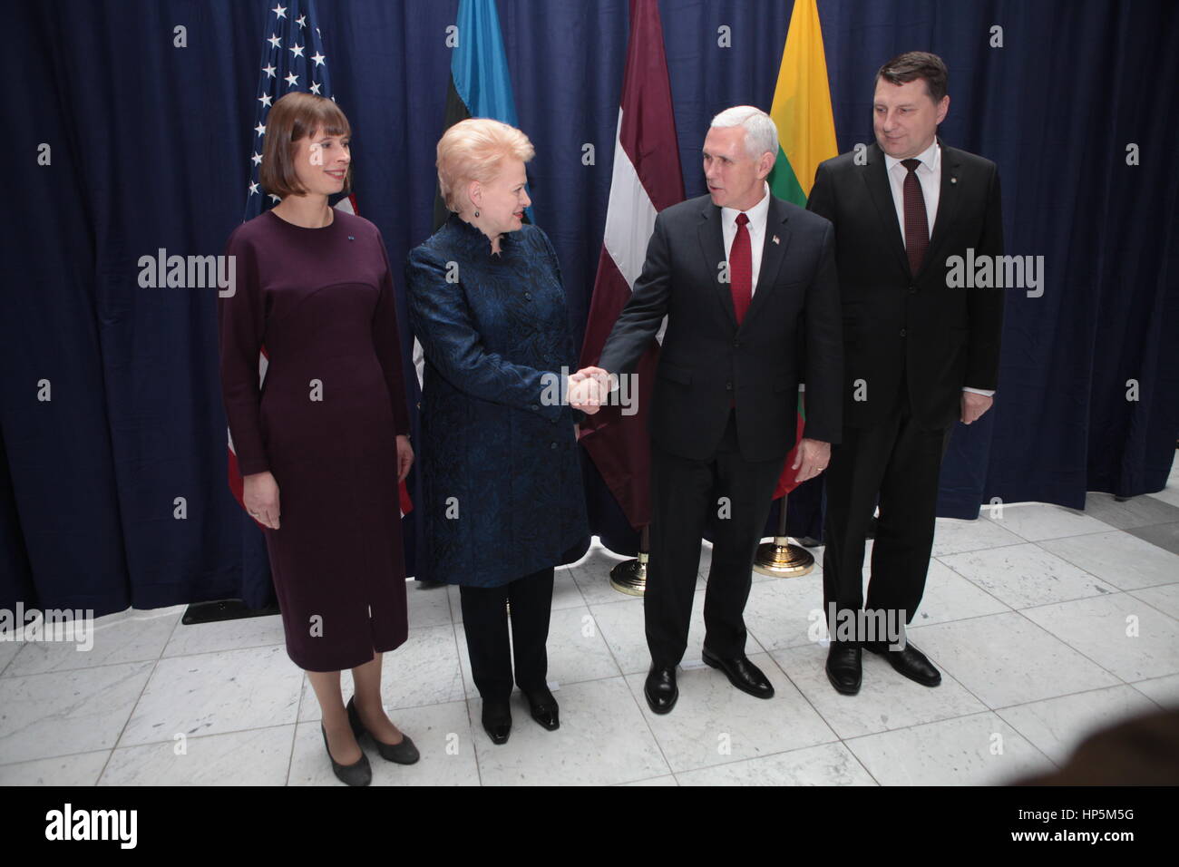 Munich, Germany. 18th Feb, 2017. U.S. Vice President Mike Pence takes part in a multilateral meeting with members of the Baltic States of Estonia, Latvia and Lithuania  on the sidelines of the Munich Security Conference February 18, 2017 in Munich, Germany. Participants left to right are: Estonian President Kersti Kaljulaid, Lithuanian President Dalia Grbauskaite, Vice President Mike Pence and Latvian President Raimonds Vejonis. Credit: Planetpix/Alamy Live News Stock Photo