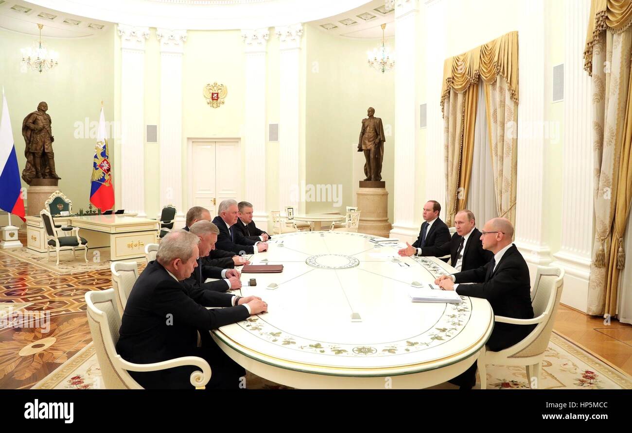 Russian President Vladimir Putin meets with the retired governors of Buryatia, Karelia, Perm Territory, Novgorod and Ryazan regions at the Kremlin February 16, 2017 in Moscow, Russia. From left: Former Perm territory Governor Viktor Basargin, former Ryazan Region Governor Oleg Kovalyov, former Novgorod Region Governor Sergei Mitin, former Head of Buryatia Vyacheslav Nagovitsin and former head of Karelia Alexander Khudilainen. Stock Photo