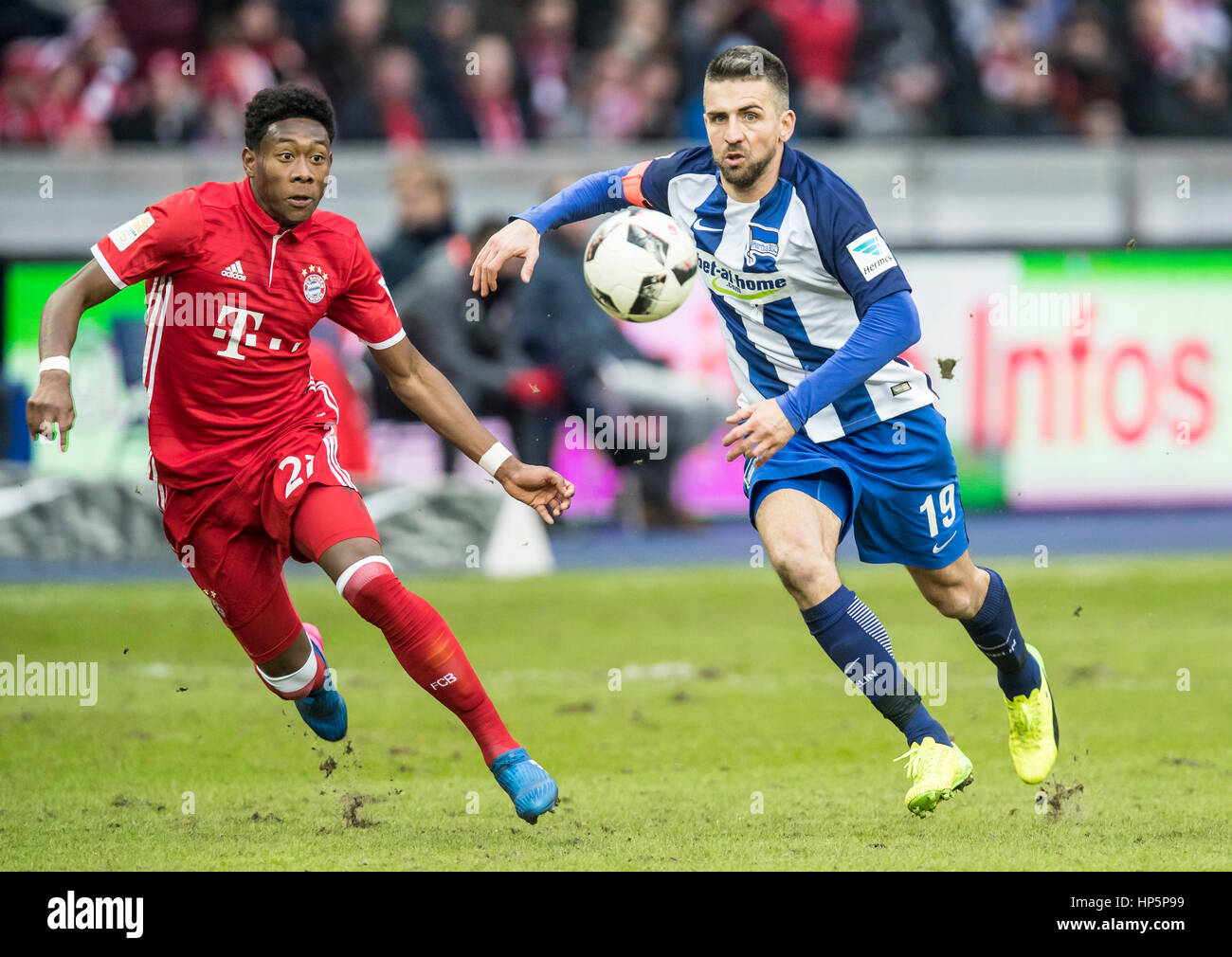 Berlin, Germany. 18 th February, 2017.  Vedad IBISEVIC, Hertha 19  compete for the ball against  David ALABA, FCB 27  in the 1. German Soccer League match HERTHA BSC BERLIN - FC BAYERN MUNICH  in Berlin,, February 18, 2017   © Peter Schatz / Alamy Live News Stock Photo