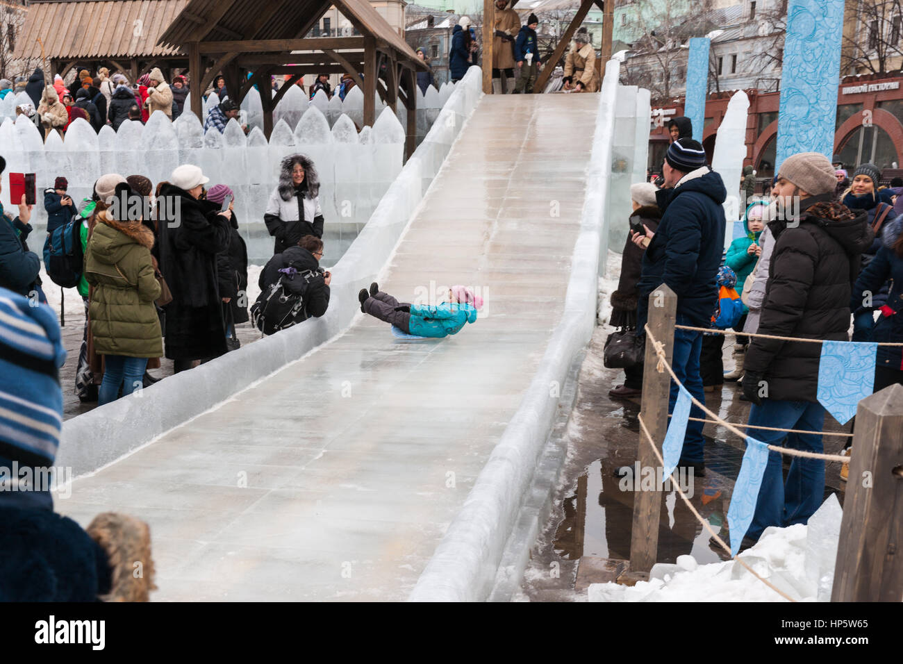 Moscow, Russia. Sunday, Feb. 19, 2017. Ice slide or ice-run for ...
