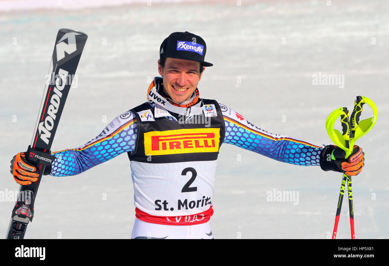 Felix Neureuther from Germany celebrates after the 2nd round of the men's slalom at the Alpine Skiing World Championship in St. Moritz, Switzerland, 19 February 2017. Photo: Michael Kappeler/dpa Stock Photo