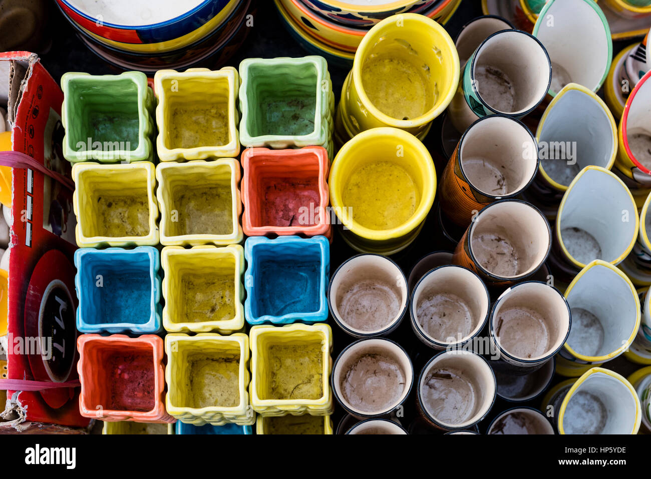 Beautiful colourful crockery items for sale at a shop in New Delhi, India. Stock Photo