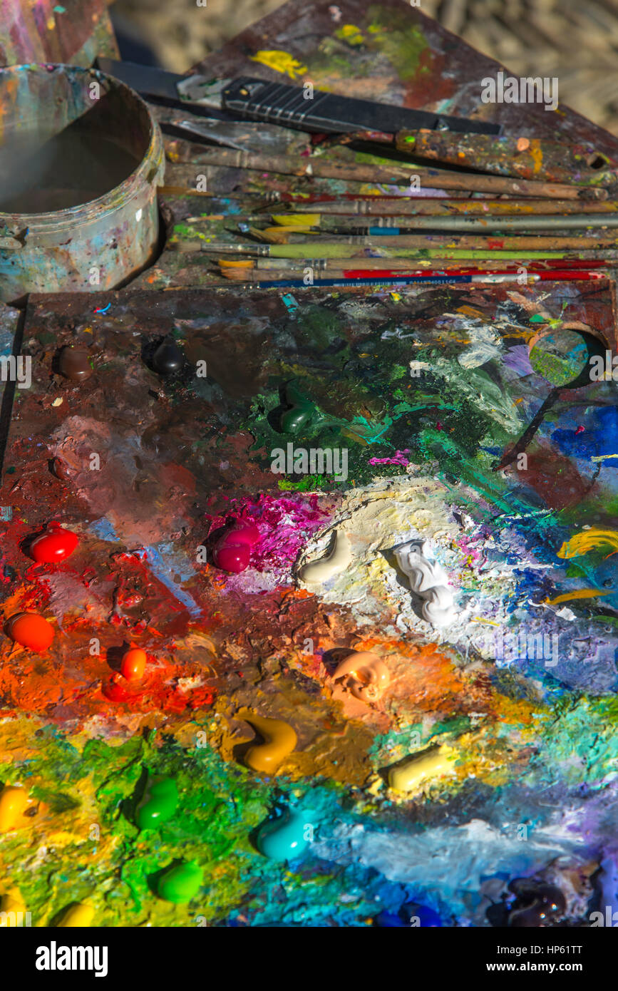 Dirty Palette Of The Artist. Oil Paints On A Glass Palette. Stock