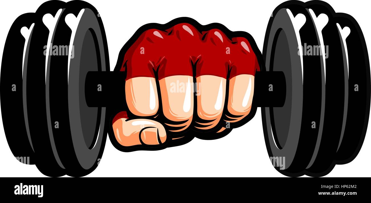 Heavy dumbbell in hand, cartoon. Gym, bodybuilding, weightlifting symbol. Sport vector illustration Stock Vector