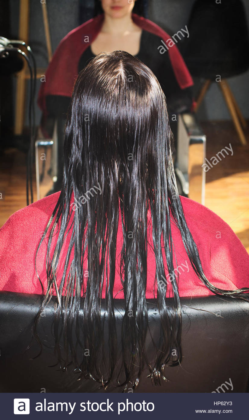 Hairdresser Woman Wet Long Straight Hair Salon Stock Photo