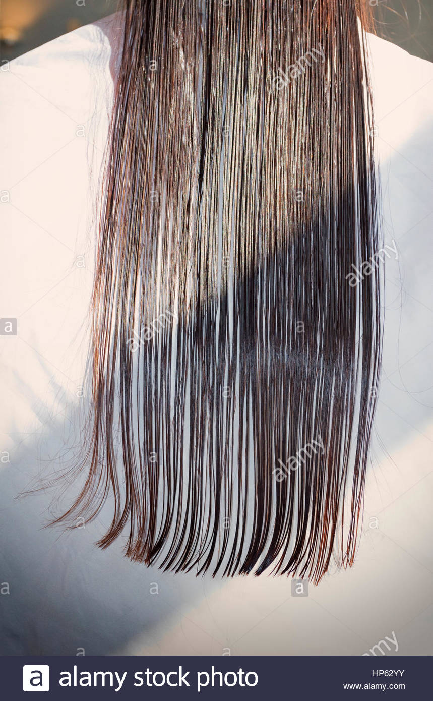 Close Up Long Wet Straight Hair Hairdresser Salon Stock Photo