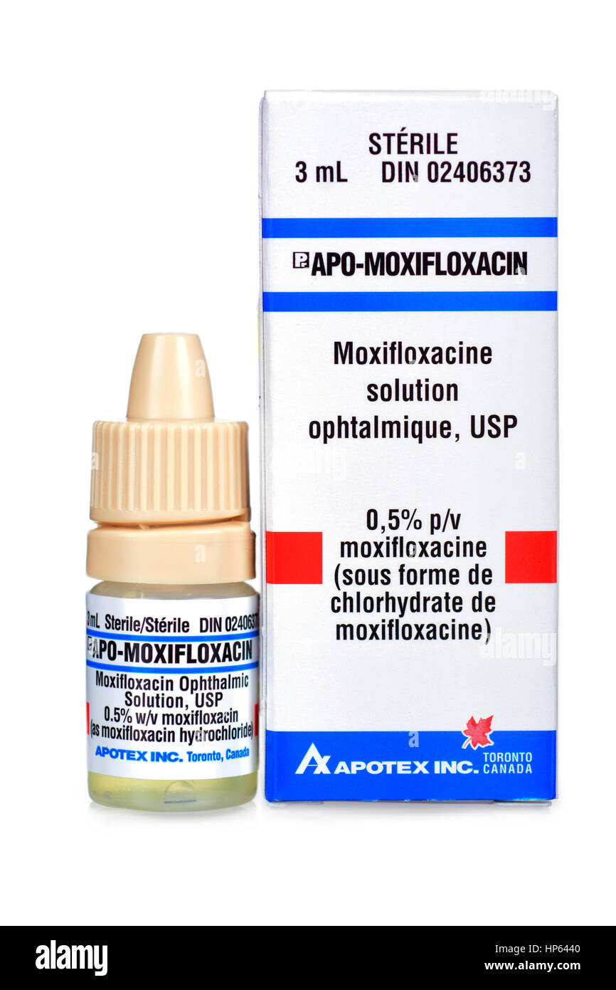 Moxifloxacin Ophthalmic Solution Bottle, Conjuctivitis Pink Eye Treatment  also used for pre and post operatively after cataract surgery. Stock Photo