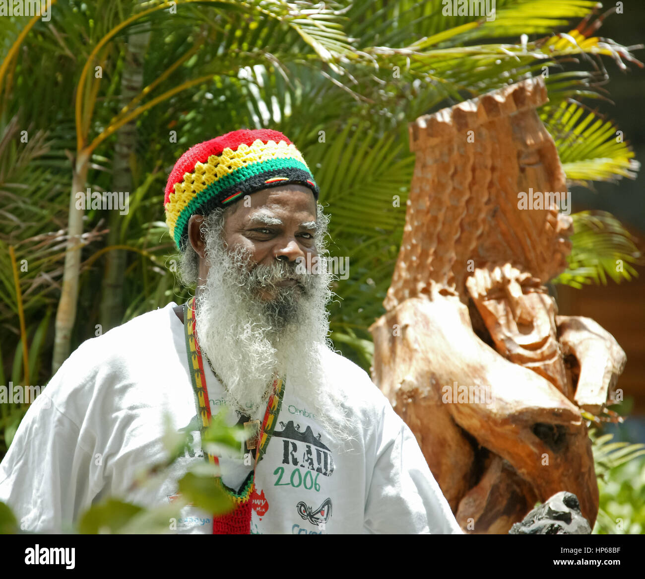 Caudan waterfront in the port of the capital Port Louis, wood artist, wood carver at the harbor