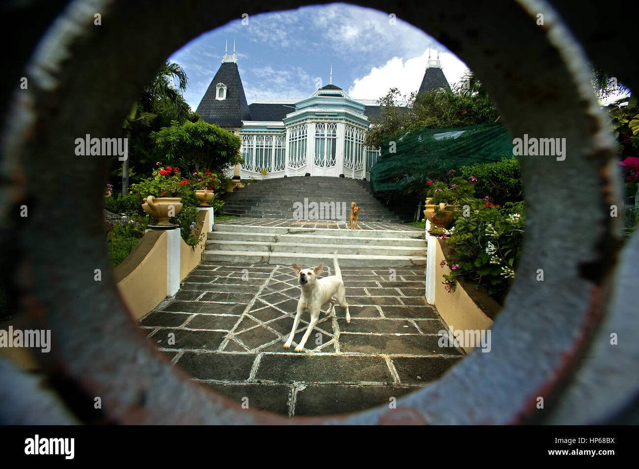 Colonial house in the old town of Port Louis, guard dogs