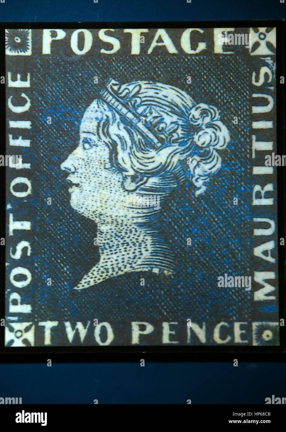 Port Louis, Blue Mauritius, Blue Penny Museum, Blue Mauritius, Stamp, Bleu penny,  two pence, Mauritius, Blue Penny Museum Stock Photo