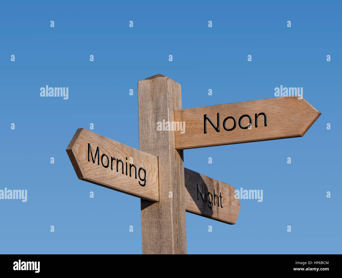 Morning noon and night.Sign post, sign, post, way, route, direction concept, Stock Photo