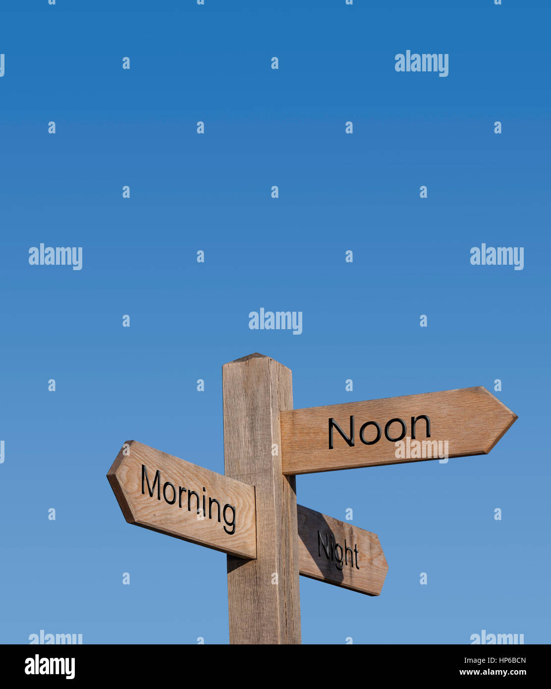 Morning noon and night.Sign post, sign, post, way, route, direction concept, Stock Photo