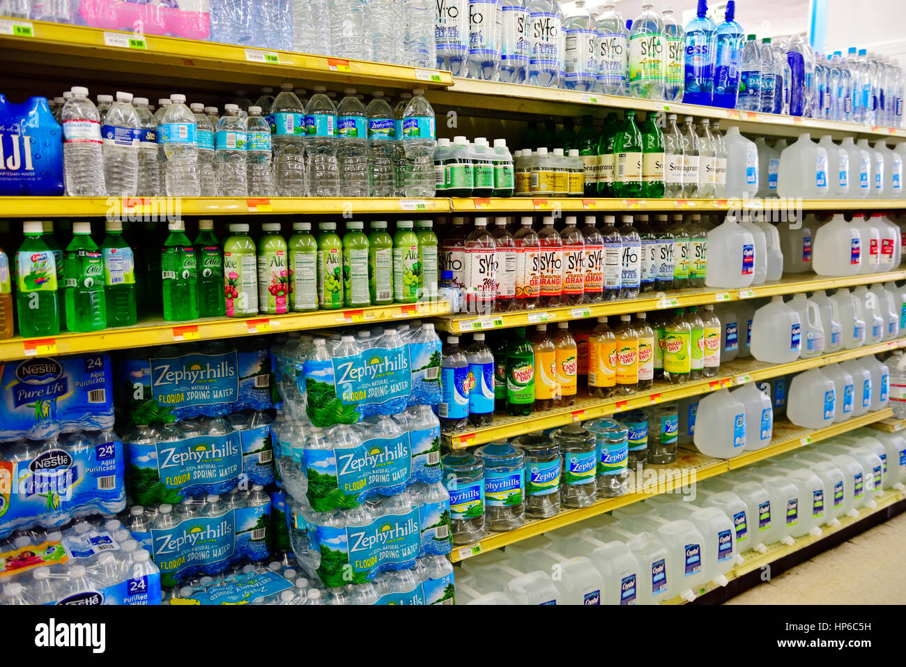 Variety of bottled water in American supermarket Stock Photo