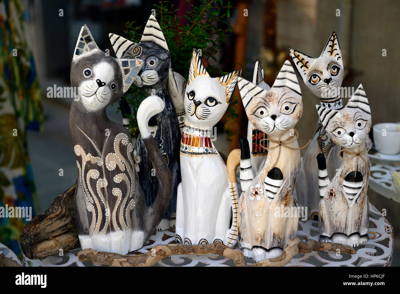 cat, cats, kitten, kittens, wood, wooden, carving, carvings, ornaments, gifts, souvenir, souvenirs, monterosso al mare, Cinque Terre, Coast, Coastline Stock Photo