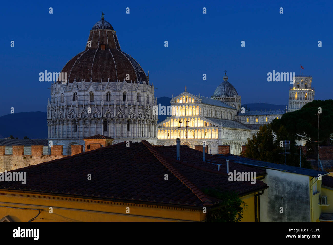 dusk, sunset, city skyline, The Baptistery, Duomo, medieval cathedral, Archdiocese of Pisa, Santa Maria Assunta, St Mary of the Assumption.cathedral,  Stock Photo