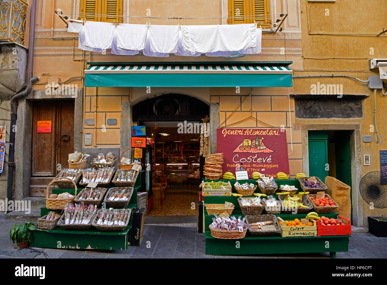 shop, artisan, local produce, food,  Clifftop village, Riomaggiore, Cinque Terre, UNESCO World Heritage Site, Liguria, Italy, Europe Stock Photo