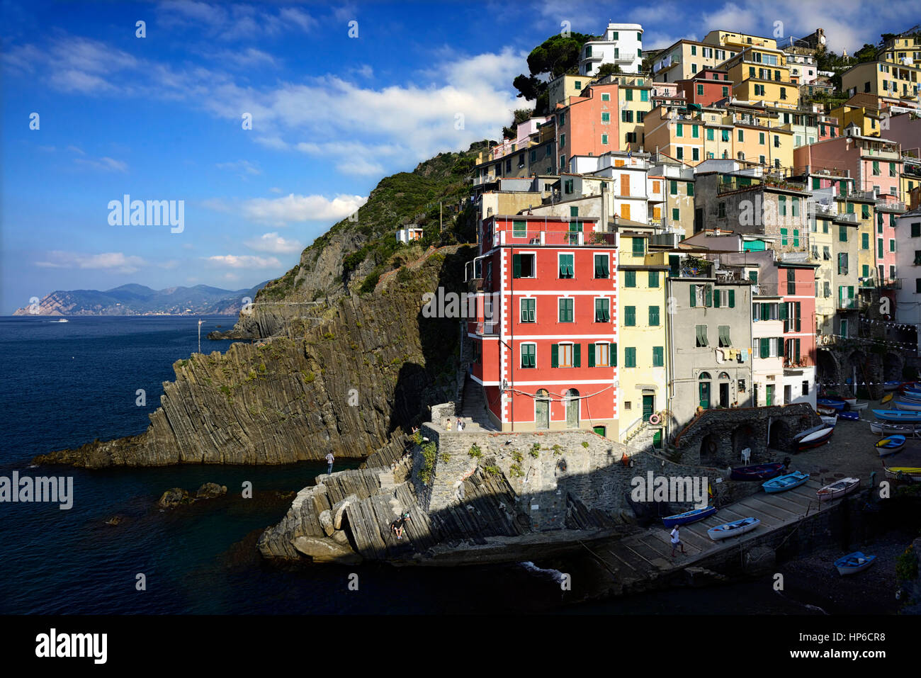 Riomaggiore, Cinque Terre, Coast, Coastline, Village, Villages, cliff, cliffs, clifftop, colourful, colorful, houses, shops, buildings, premises, tour Stock Photo