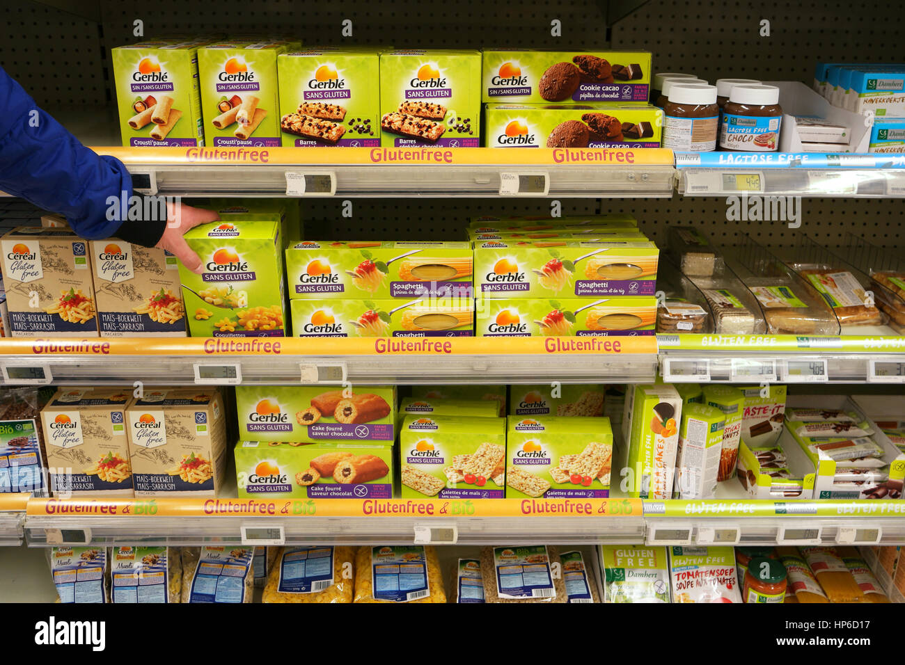 Shelves with various glutenfree products in a Supermarket. Stock Photo