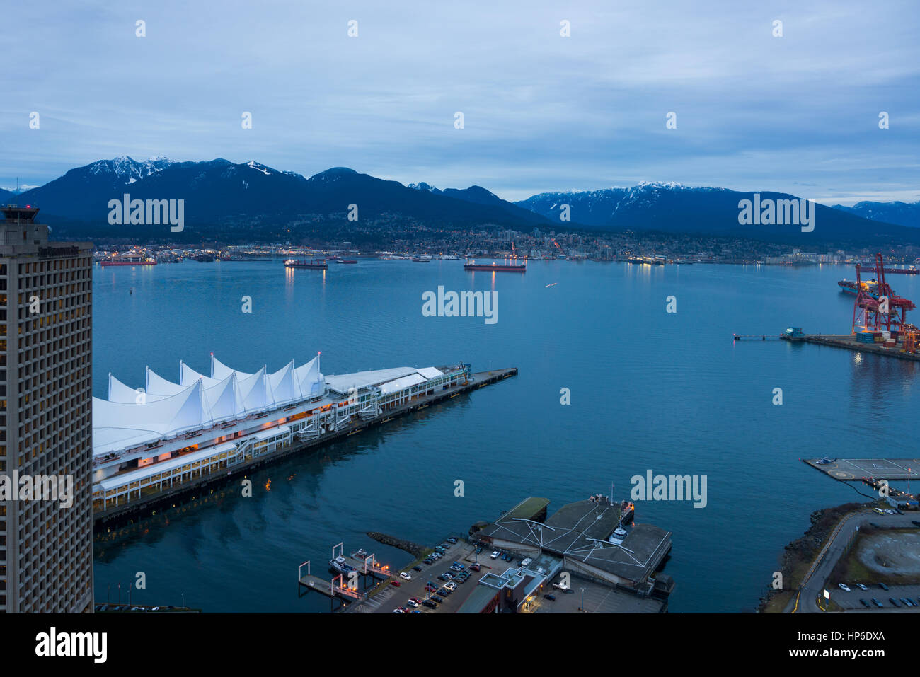 Vancouver, Canada - January 28, 2017: Canada Place and Vancouver harbour from above at night. Stock Photo