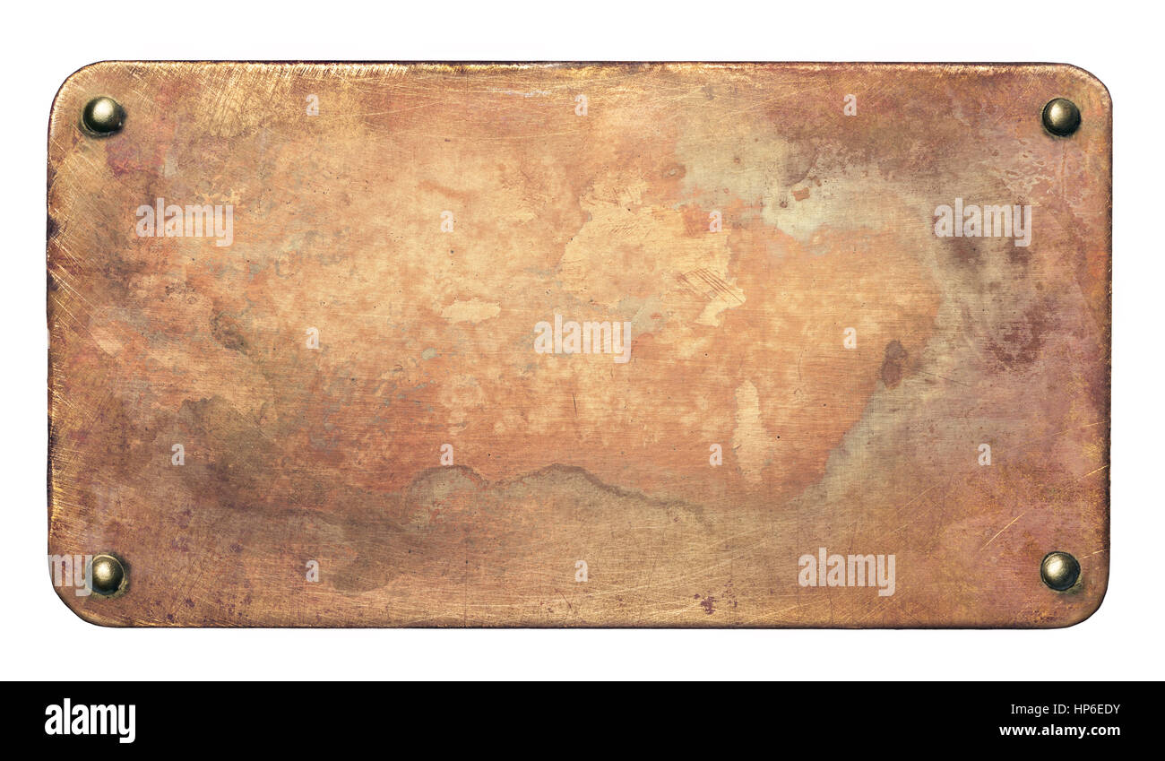 Copper plate with rounded corners and rivets. Old metal background. Stock Photo