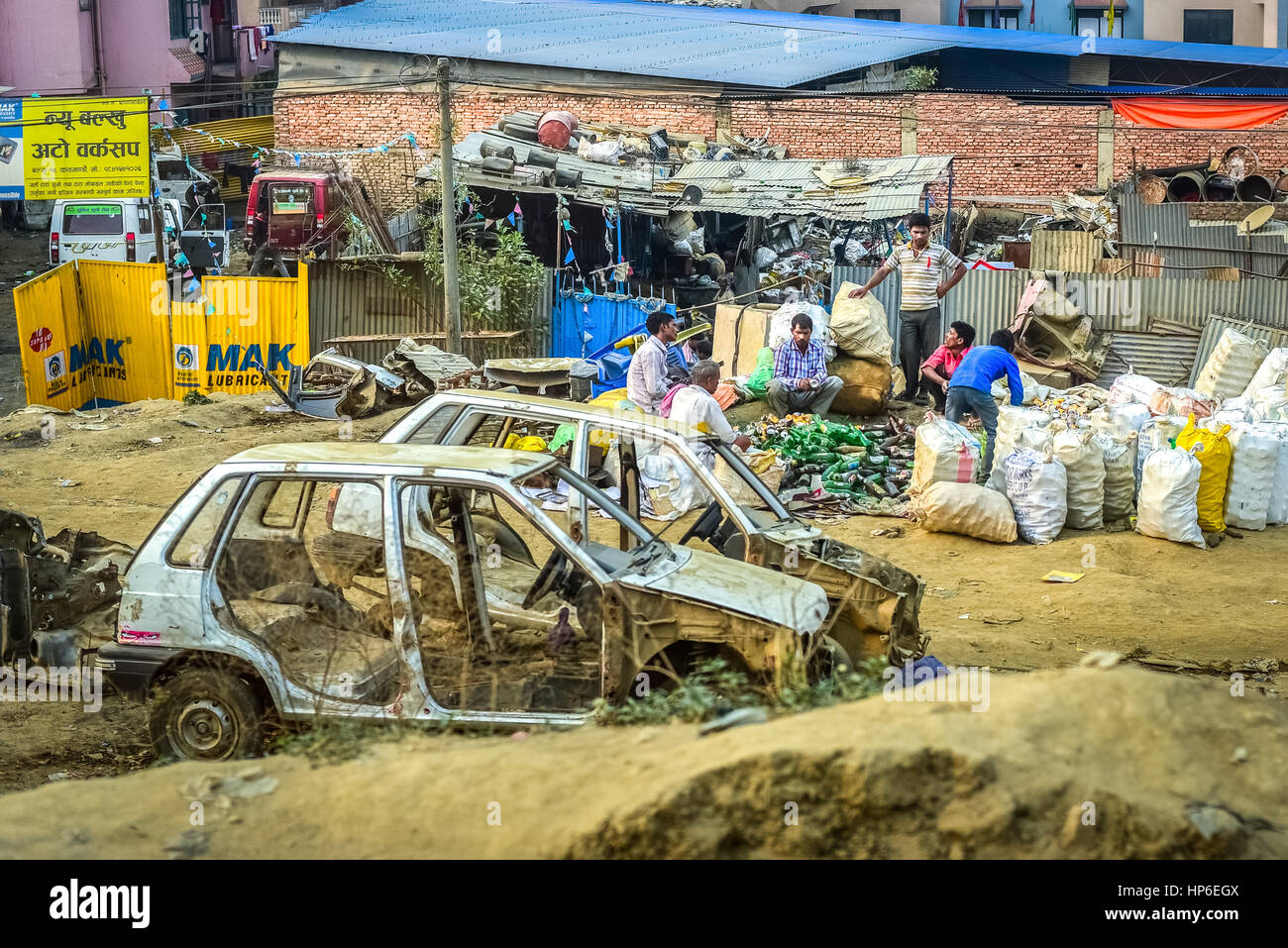 Wrecking yard in Kathmandu, Nepal. Stock Photo